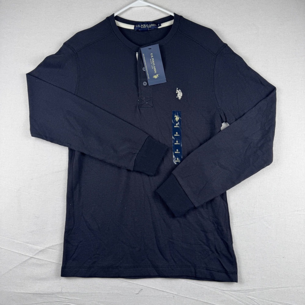 US Polo Assn Mens Henley Shirt Black Thermal Waffle Knit Long Sleeve 11C83583 S